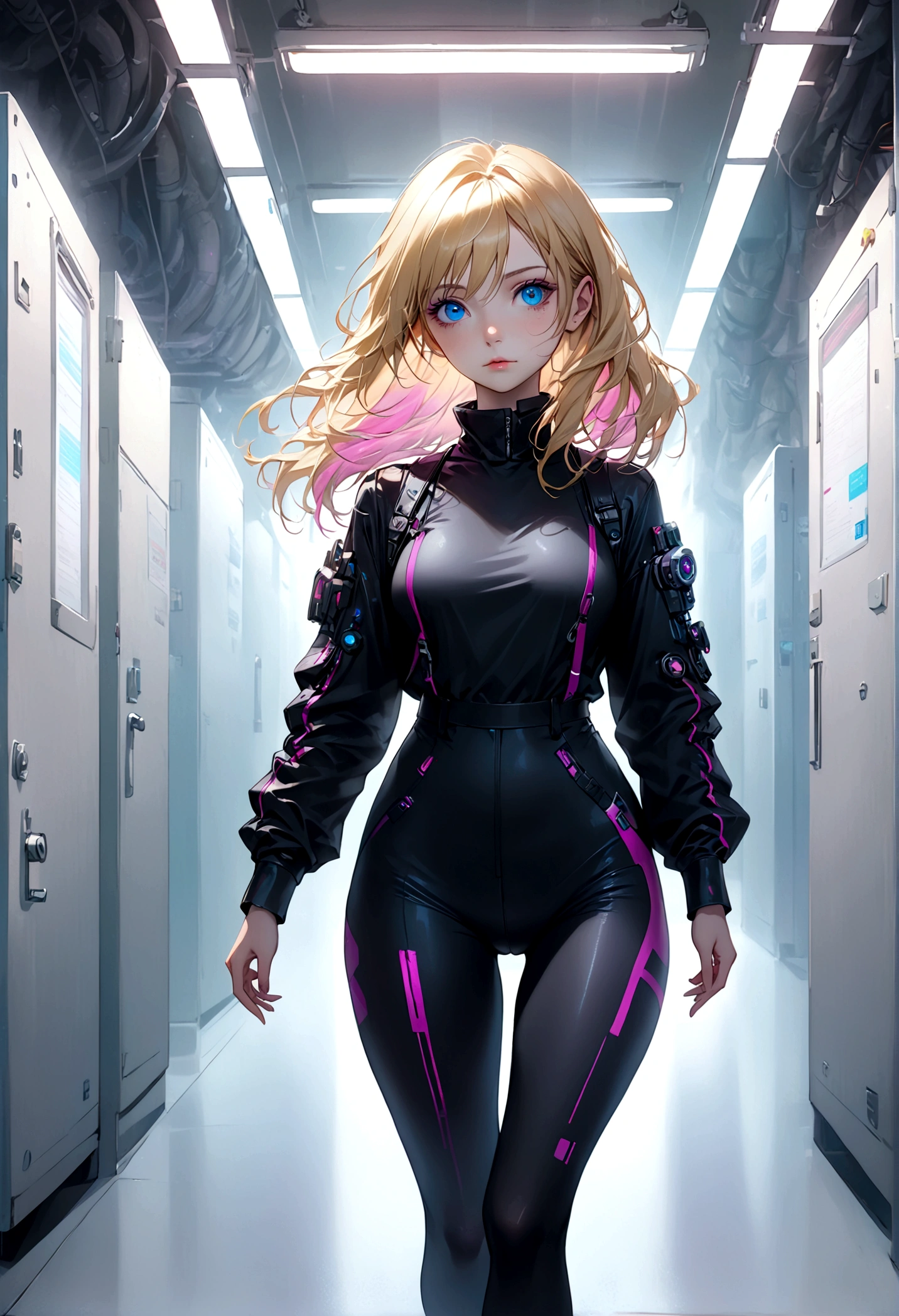 (masterpiece, 32k, 8k, white laboratory corridor setting, character walking towards the viewer) woman, 26 years old, naturally beautiful face, long blonde hair with pink streaks, tight black clothes in cyberpunk style, eyes of different colors, one blue eye and another gray eye