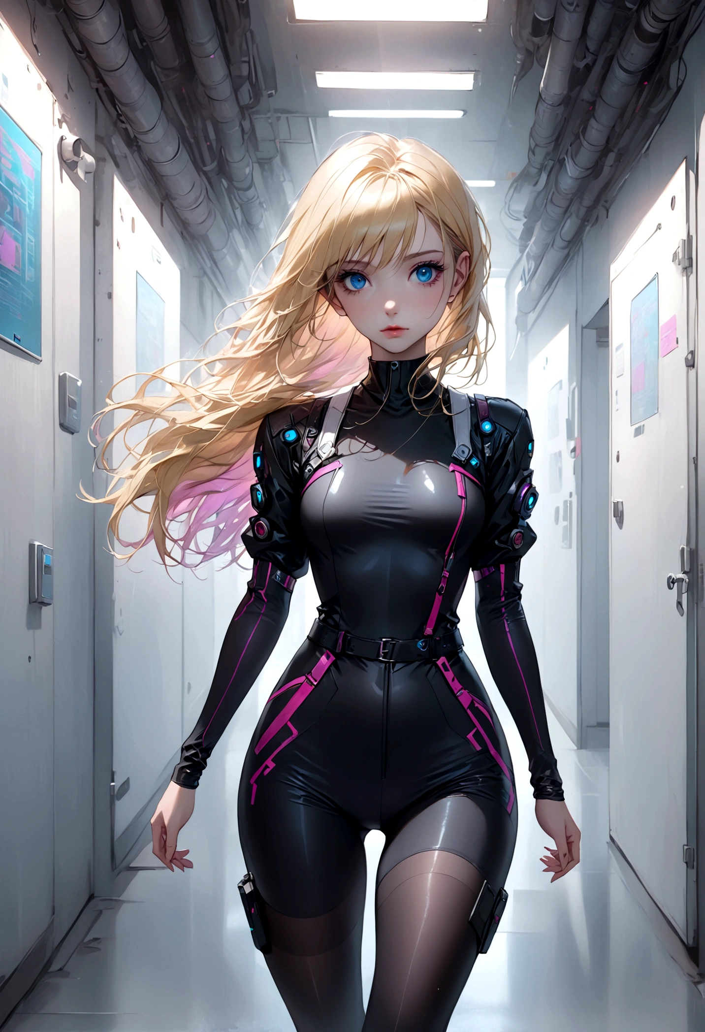 (masterpiece, 32k, 8k, white laboratory corridor setting, character walking towards the viewer) woman, 26 years old, naturally beautiful face, long blonde hair with pink streaks, tight black clothes in cyberpunk style, eyes of different colors, one blue eye and another gray eye