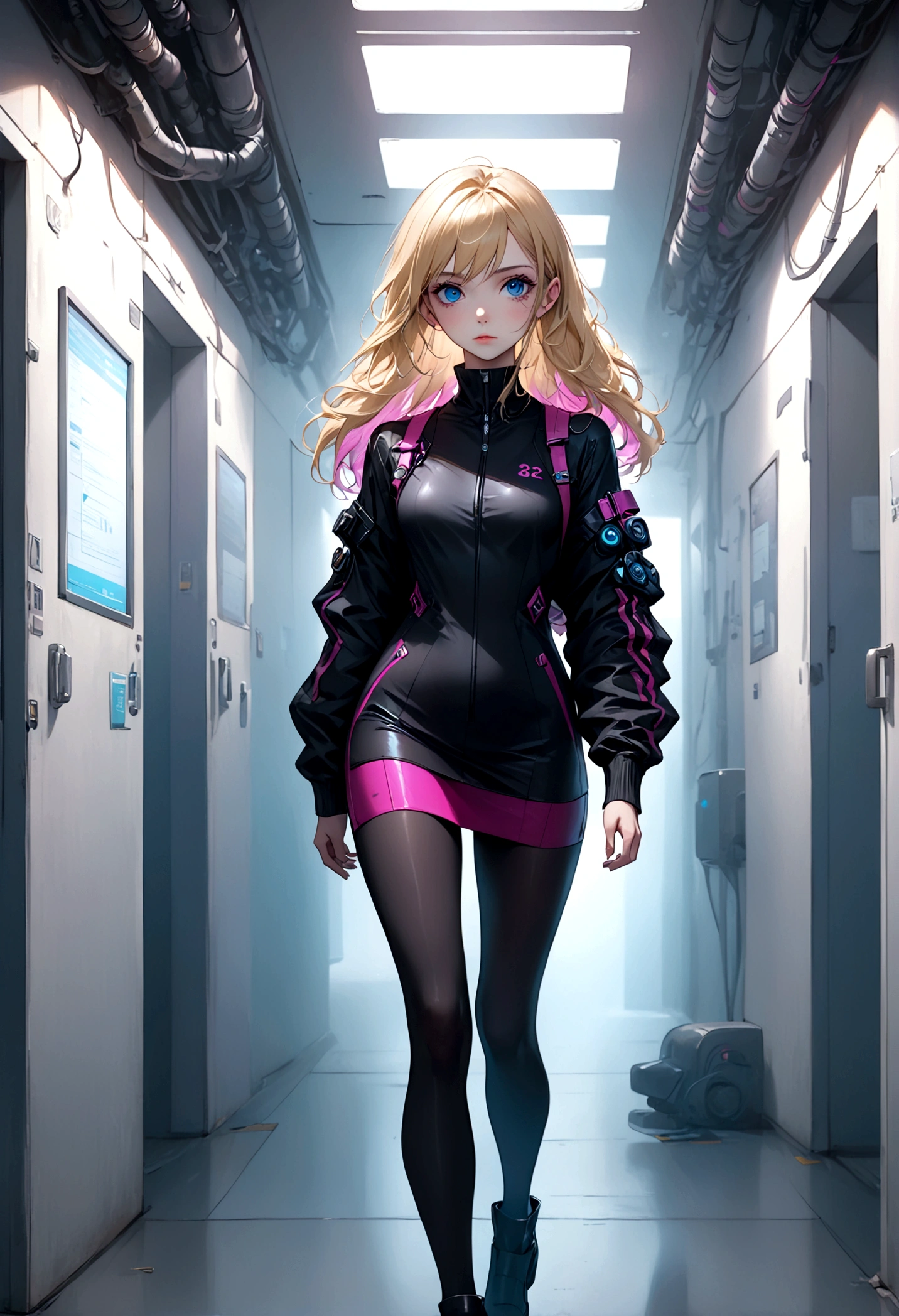 (masterpiece, 32k, 8k, white laboratory corridor setting, character walking towards the viewer) woman, 26 years old, naturally beautiful face, long blonde hair with pink streaks, tight black clothes in cyberpunk style, eyes of different colors, one blue eye and another gray eye