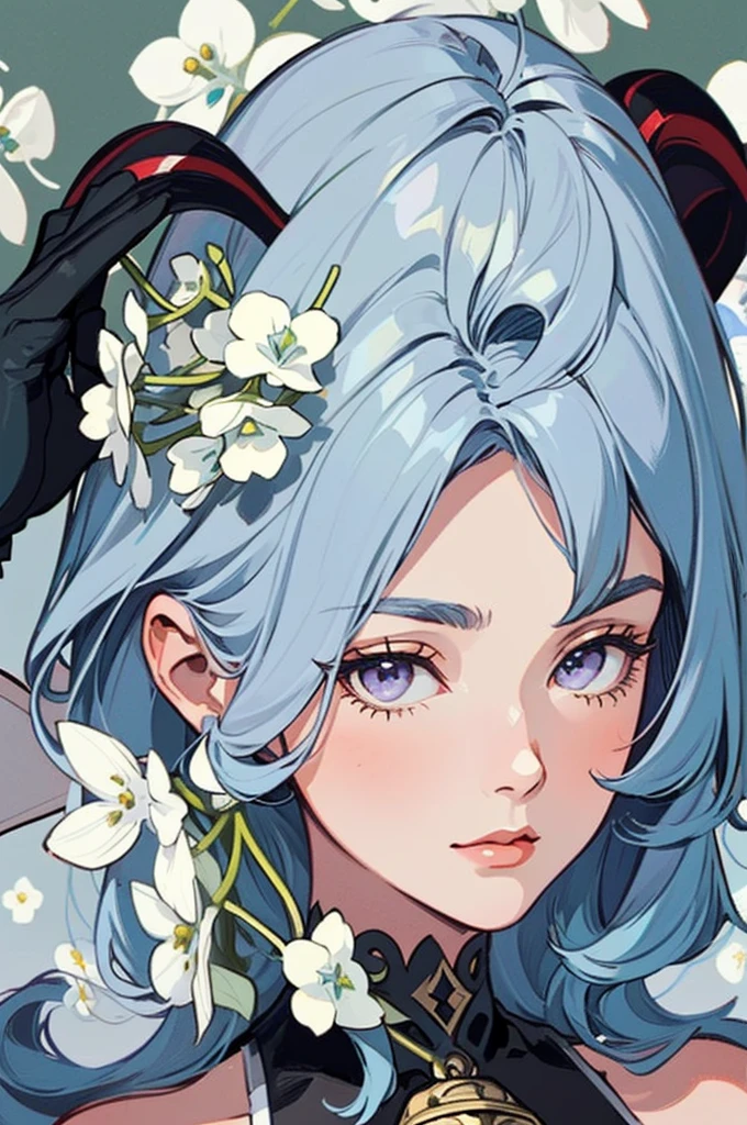 1 girl solo, light blue hair, purple eyes, dark red ram horns, golden bell on her chest, detached white and blue sleeves, bare shoulders, sleeveless black top, black gloves, ((portrait face closeup)) Vintage Victorian style, Precise vintage encyclopedia (best quality:1.2), (detailed:1.2), (masterpiece:1.2), vintage botanical illustration, (((white flowers Diphylleia grayi)))