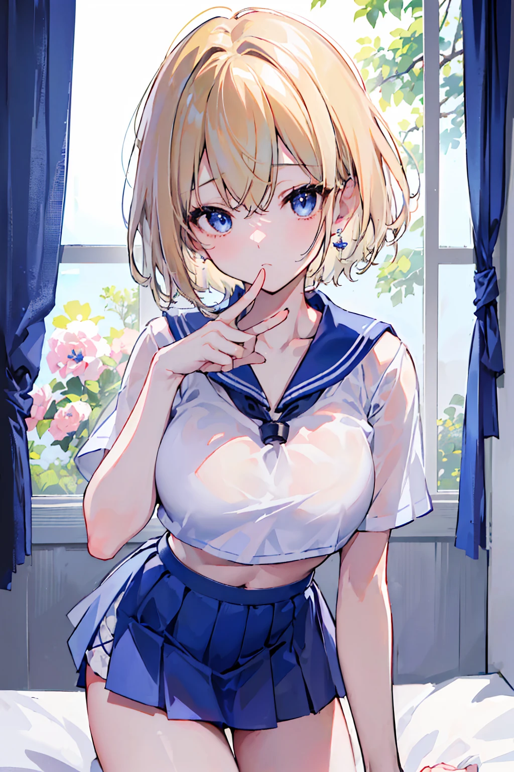 top-quality、Top image quality、​masterpiece、girl with, ((20year old、Sailor suit with short sleeves、Black Sports Bra、Blue short skirt、Best Bust、large breasts:1.5、a blond、short hair、blue eyes、open chest wide、Happiness、Black wristband on wrist、A slender、Shy face、earrings、all fours pose,Get closer to your audience、The gesture of pulling up the hair)）hiquality、visualart、Romance movie style、Background with, ((her room))、masutepiece、