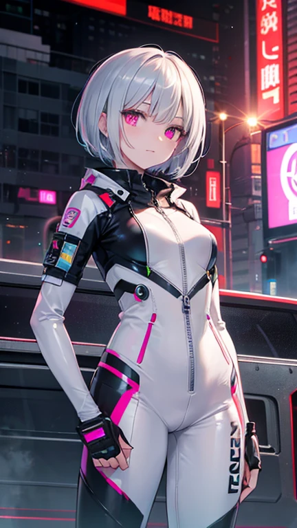 Silver Hair, bangs, Bobcut, Head-mounted display, Glowing Eyes,Sharp Eyes、 Textured skin, high quality, 最high quality, masterpiece, Sci-fi spies, Cyberpunk World, Functional bodysuit, beautiful girl, Shiny bodysuit, Girl in the dark, 6k, cute, The facial details are particularly rich., Perfect lighting, Fits perfectly to the skin, latex, White jumpsuit, moonlight, Shades, goddess