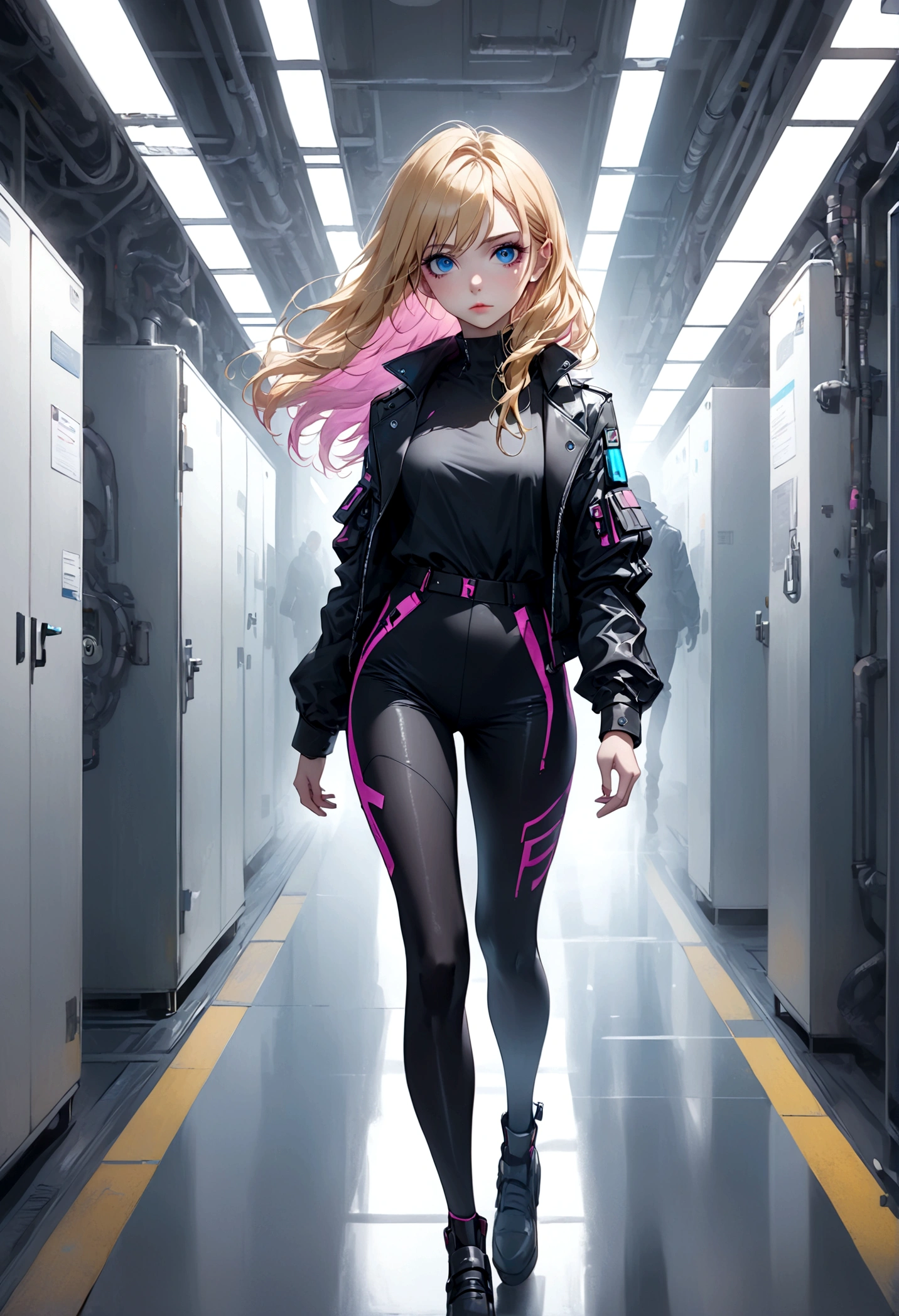 (masterpiece, 32k, 8k, white laboratory corridor setting, character walking towards the viewer) woman, 26 years old, naturally beautiful face, serious and empty expression, long blonde hair with pink highlights, tight black clothes in cyberpunk style, colored eyes different, one blue eye and the other gray eye