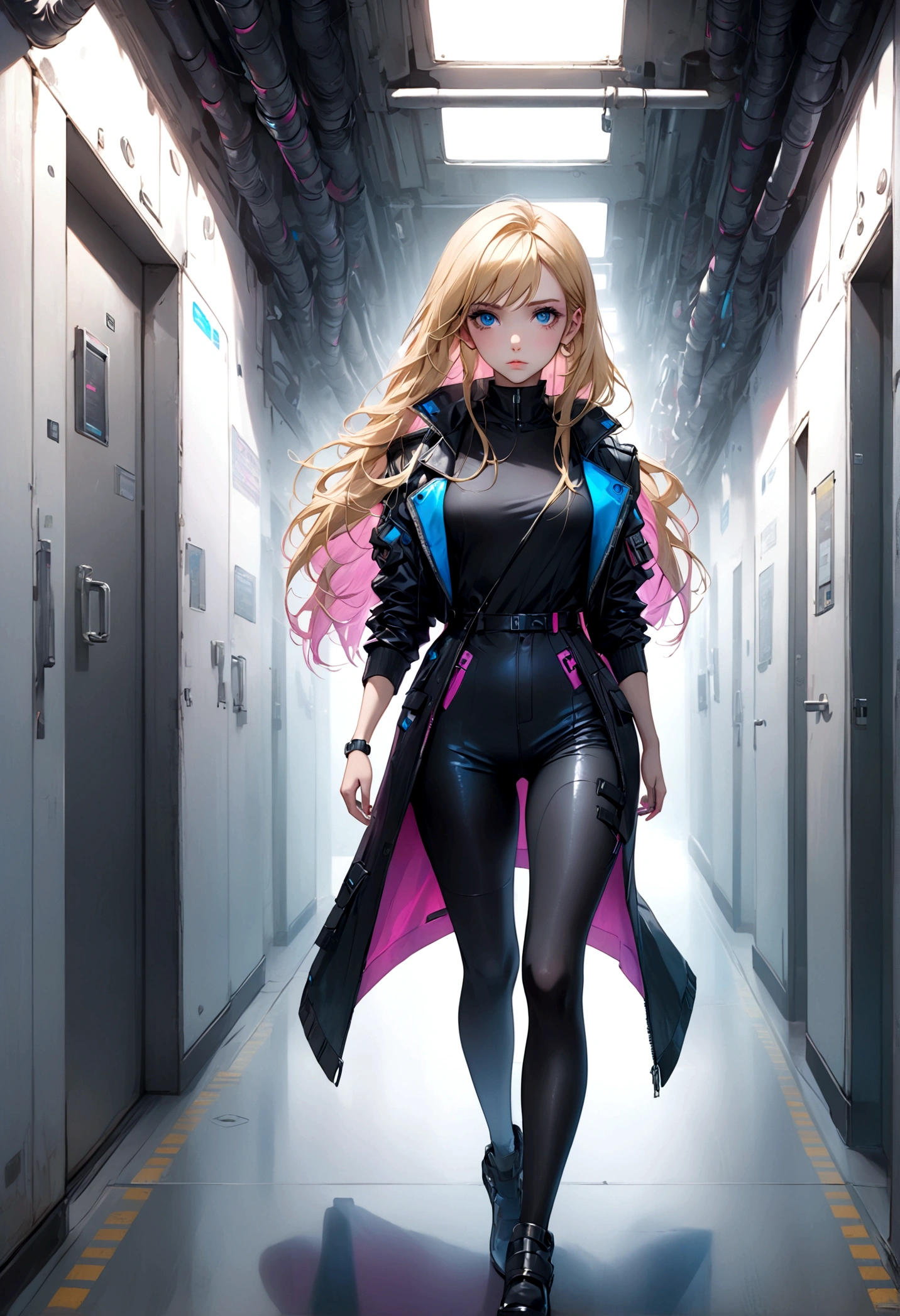 (masterpiece, 32k, 8k, white laboratory corridor setting, character walking towards the viewer) woman, 26 years old, naturally beautiful face, serious and empty expression, long blonde hair with pink highlights, tight black clothes in cyberpunk style, colored eyes different, one blue eye and the other gray eye