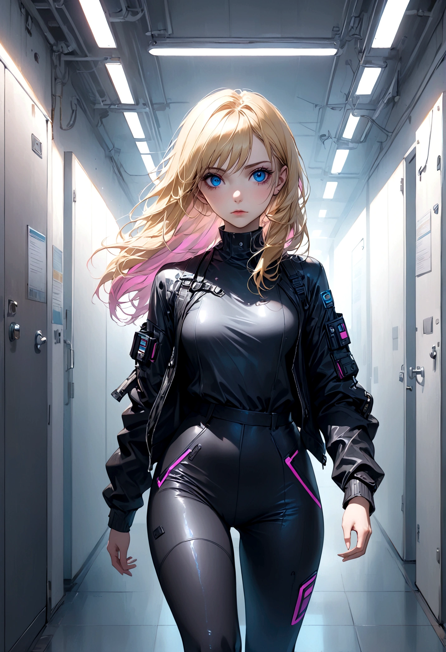 (masterpiece, 32k, 8k, white laboratory corridor setting, character walking towards the viewer) woman, 26 years old, naturally beautiful face, serious and empty expression, long blonde hair with pink highlights, tight black clothes in cyberpunk style, colored eyes different, one blue eye and the other gray eye