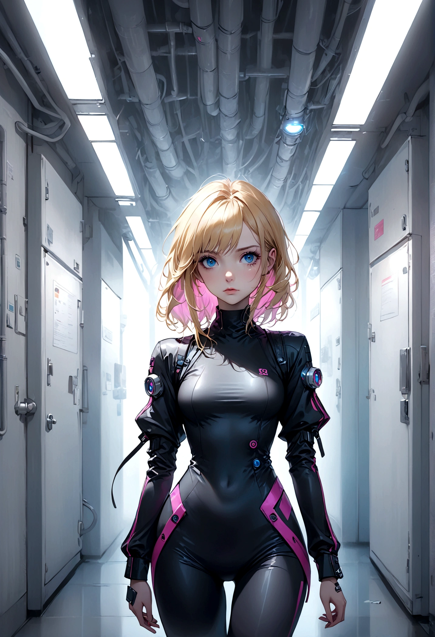 (masterpiece, 32k, 8k, white laboratory corridor setting, character walking towards the viewer) woman, 26 years old, naturally beautiful face, serious and empty expression, long blonde hair with pink highlights, tight black clothes in cyberpunk style, colored eyes different, one blue eye and the other gray eye