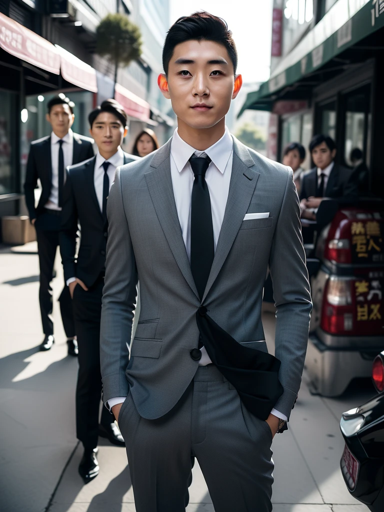 xh,necktie,formal,pants,jacket,suit,multiple boys,male focus,shirt,black hair,3boys,blurry background,black pants,looking at viewer,hand in pocket,black jacket,realistic,blurry,white shirt,grey jacket,collared shirt,vest,short hair,black necktie,belt,closed mouth,facial hair,pocket,outdoors,standing,long sleeves,grey pants,hands in pockets,black suit,smile,building,grey vest,watch,