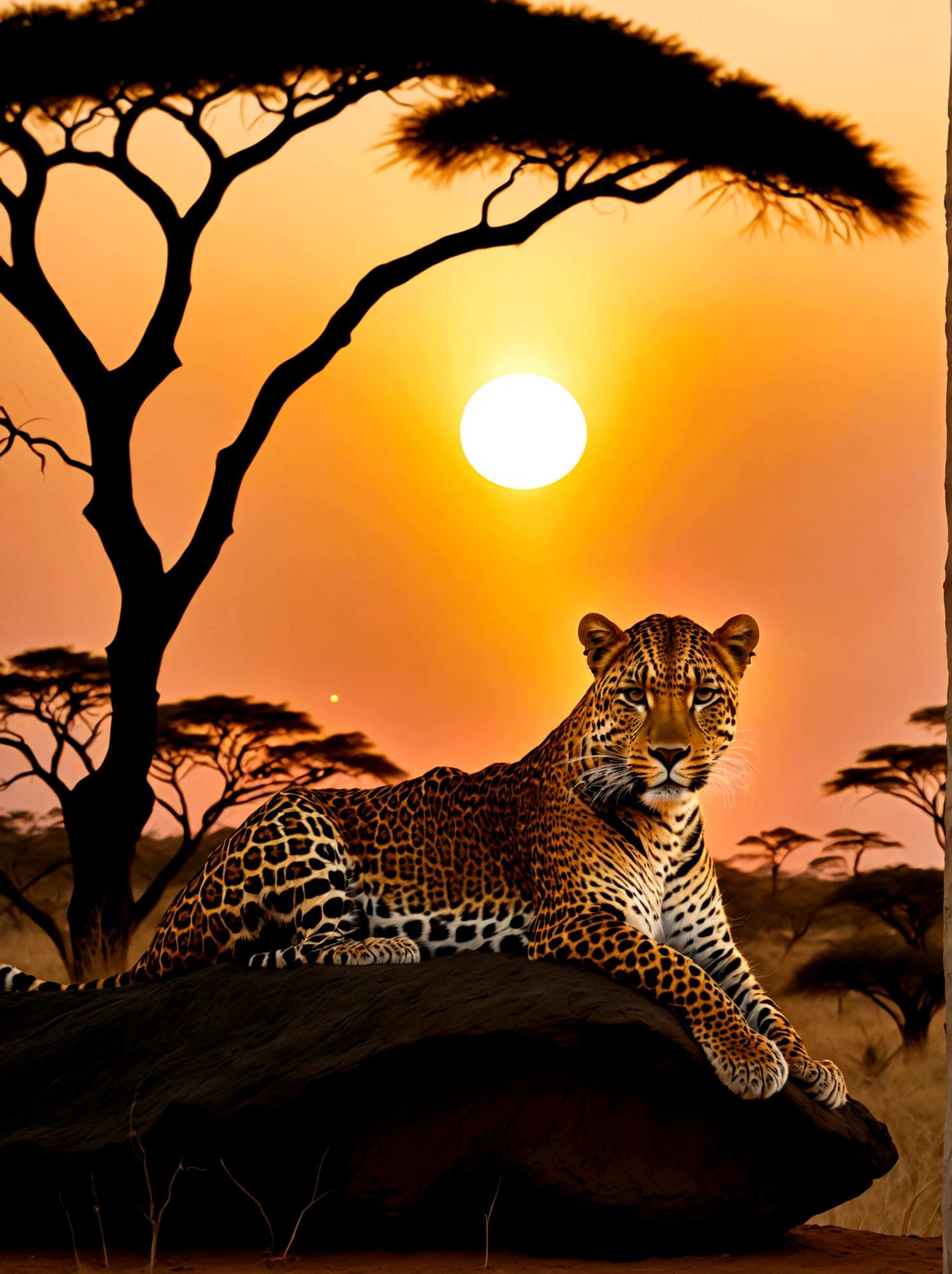 A leopard with a golden crown resting on its head, majestically poised against the backdrop of a sunset in the Savannah. The crown lightly glistens in the failing sunlight as the creature stands surveying its surroundings. Warm orange and pink hues from the setting sun drape the scene, highlighting the leopard's vibrant coat of fur. Silhouettes of acacia trees can be seen in the far-off distance, dotting the vast landscape.