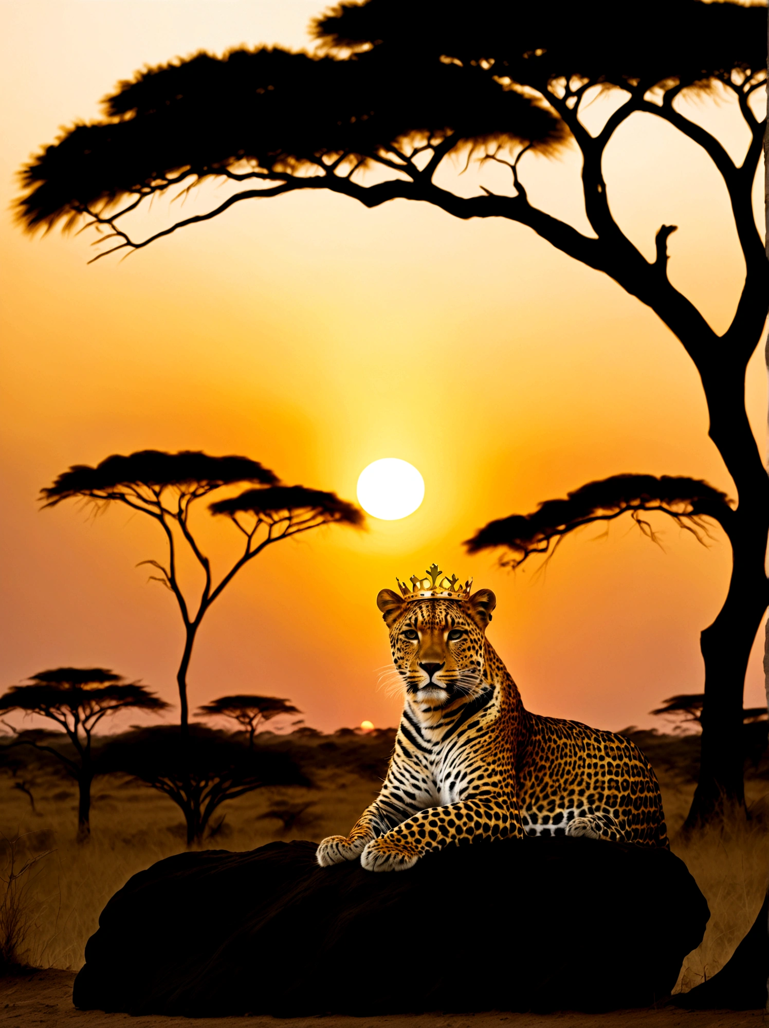 Ein Leopard mit einer goldenen Krone auf dem Kopf, majestätisch vor der Kulisse eines Sonnenuntergangs in der Savanne. Die Krone glitzert leicht im schwindenden Sonnenlicht, während das Wesen dasteht und seine Umgebung überblickt. Warme Orange- und Rosatöne der untergehenden Sonne hüllen die Szenerie, Hervorhebung des leuchtenden Fells des Leoparden. In weiter Ferne sind Silhouetten von Akazienbäumen zu sehen, die weite Landschaft übersäen.