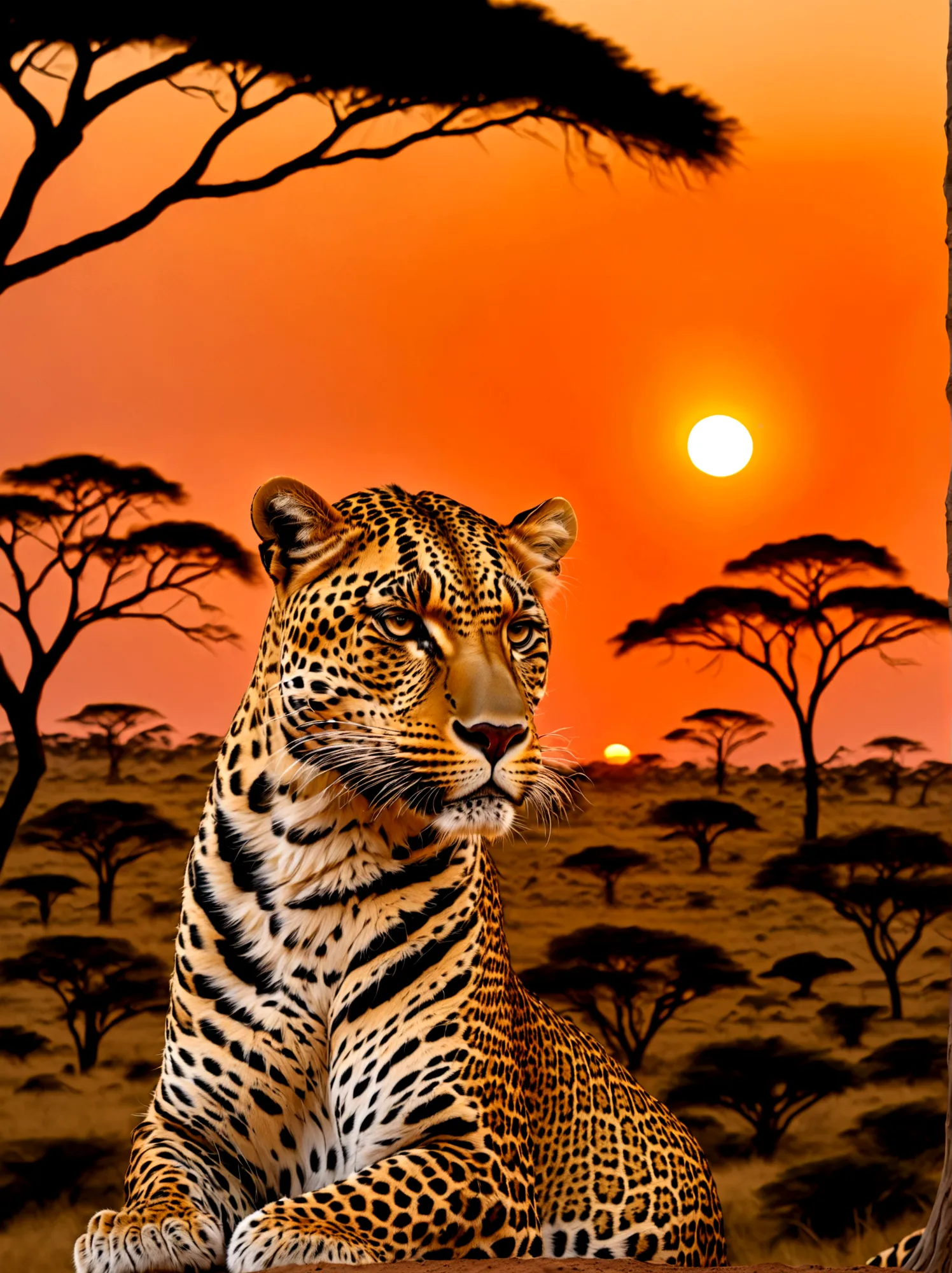 A leopard with a golden crown resting on its head, majestically poised against the backdrop of a sunset in the Savannah. The cro...