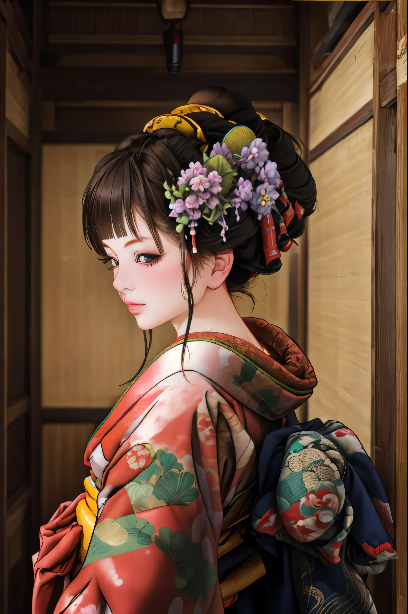 1 fille, seul, Oïran, des pays, pays, En regardant le public, Cheveux courts, yeux marrons, cheveux bruns, cheveux noirs, ornements de cheveux, Haut du corps, kimono, frange émoussée, kimono, ceinture, compenser, coupe de cheveux au carré,