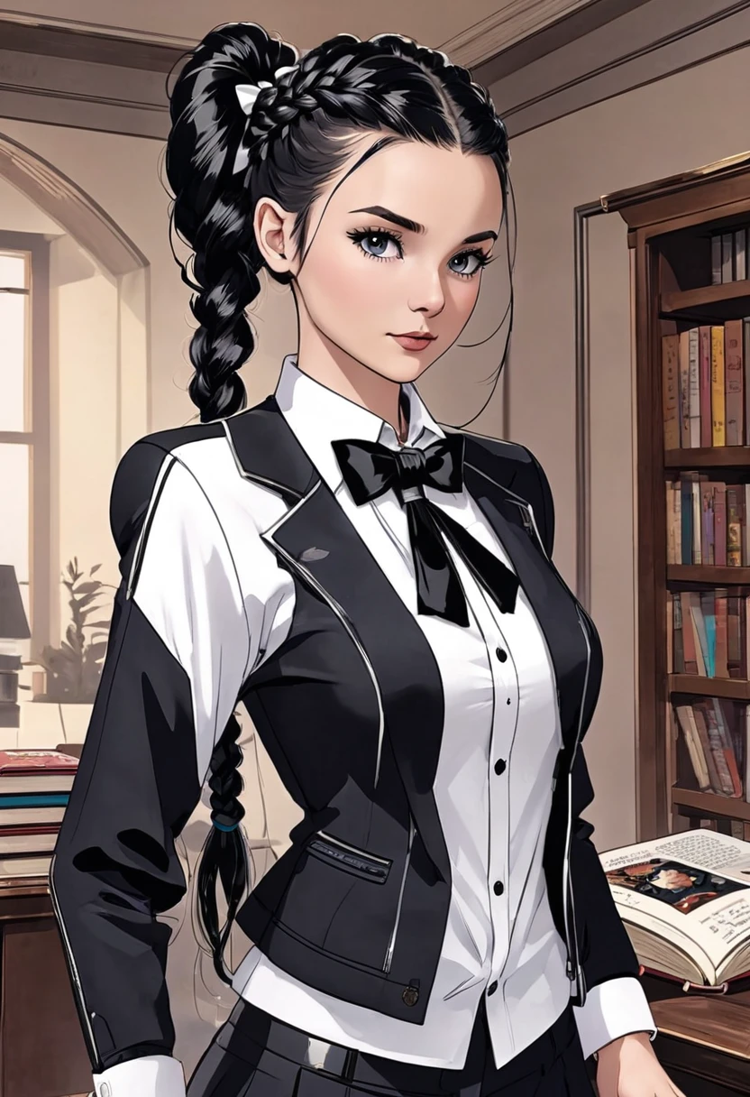 solo, looking at viewer, shirt, black hair, long sleeves, 1boy, bow, holding, jacket, white shirt, upper body, braid, gray hair, male focus, bowtie, black jacket, book, single braid, black bow,