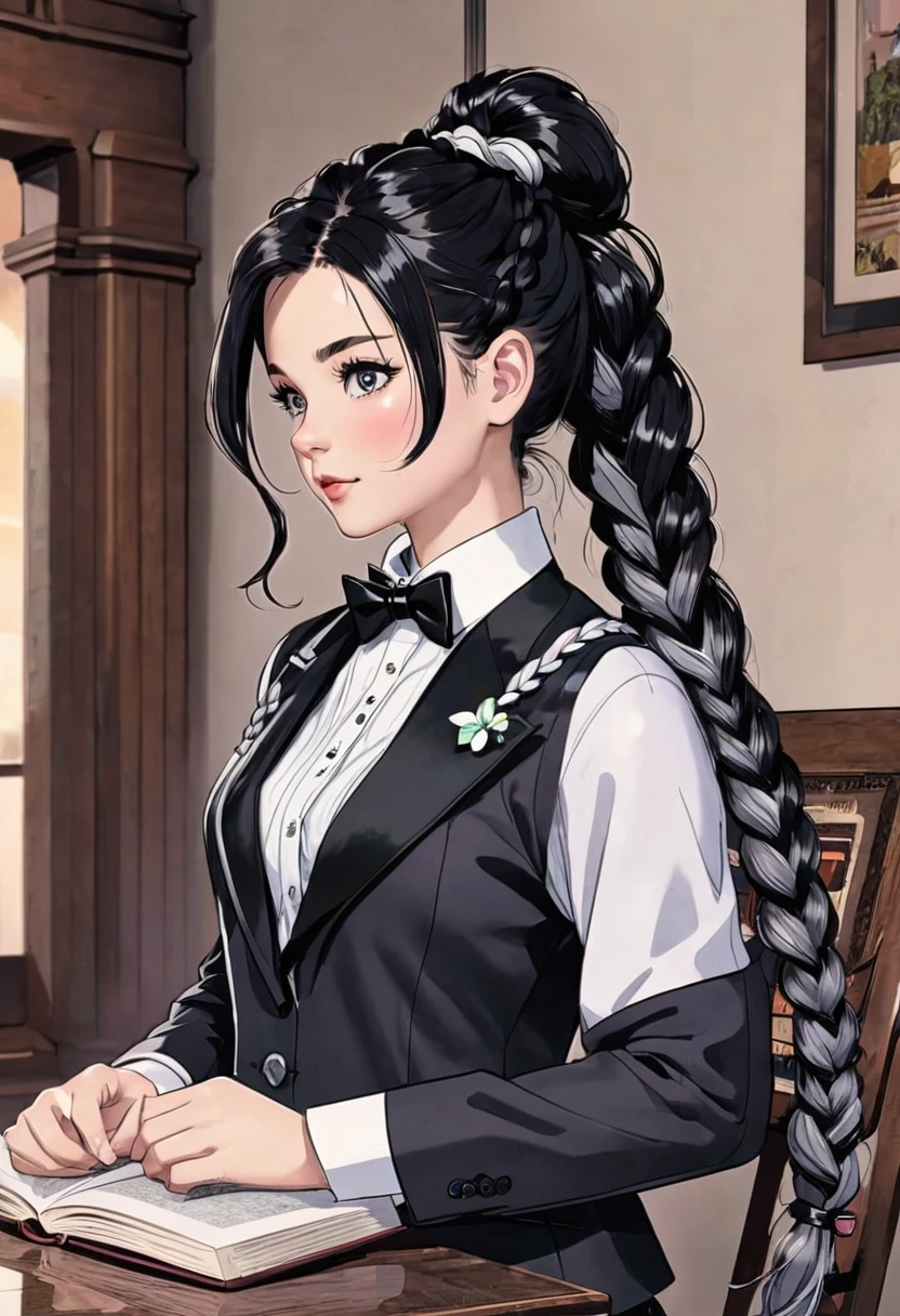 solo, looking at viewer, shirt, black hair, long sleeves, 1boy, bow, holding, jacket, white shirt, upper body, braid, gray hair, male focus, bowtie, black jacket, book, single braid, black bow,