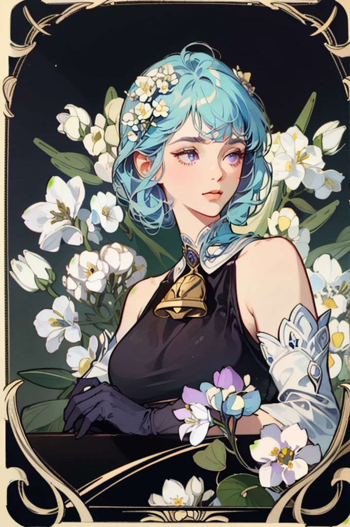 1 girl solo, light blue hair, purple eyes, dark red ram horns, golden bell on her chest, detached white and blue sleeves, bare shoulders, sleeveless black top, black gloves, ((portrait face closeup)) Vintage Victorian style, Precise vintage encyclopedia (best quality:1.2), (detailed:1.2), (masterpiece:1.2), vintage botanical illustration, (((white flowers Diphylleia grayi)))