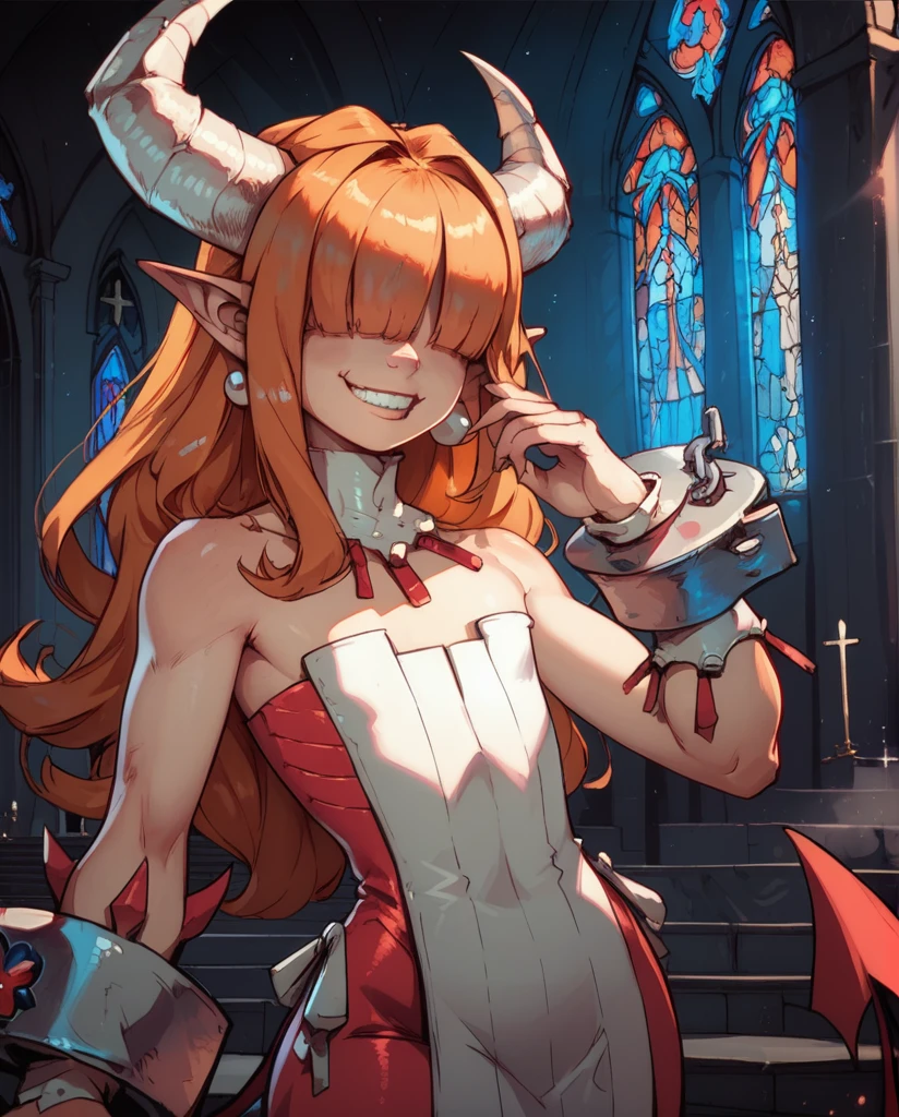 score_9,score_8_up,score_7_up,
Clergyxl,pointy ears,hair over eyes, orange hair flat chest,smile,teeth,long hair,hips,
bare shoulders, pink strapless dress,pearl earrings,wrist cuffs,wristband,neck brace, horns,
church,underworld,