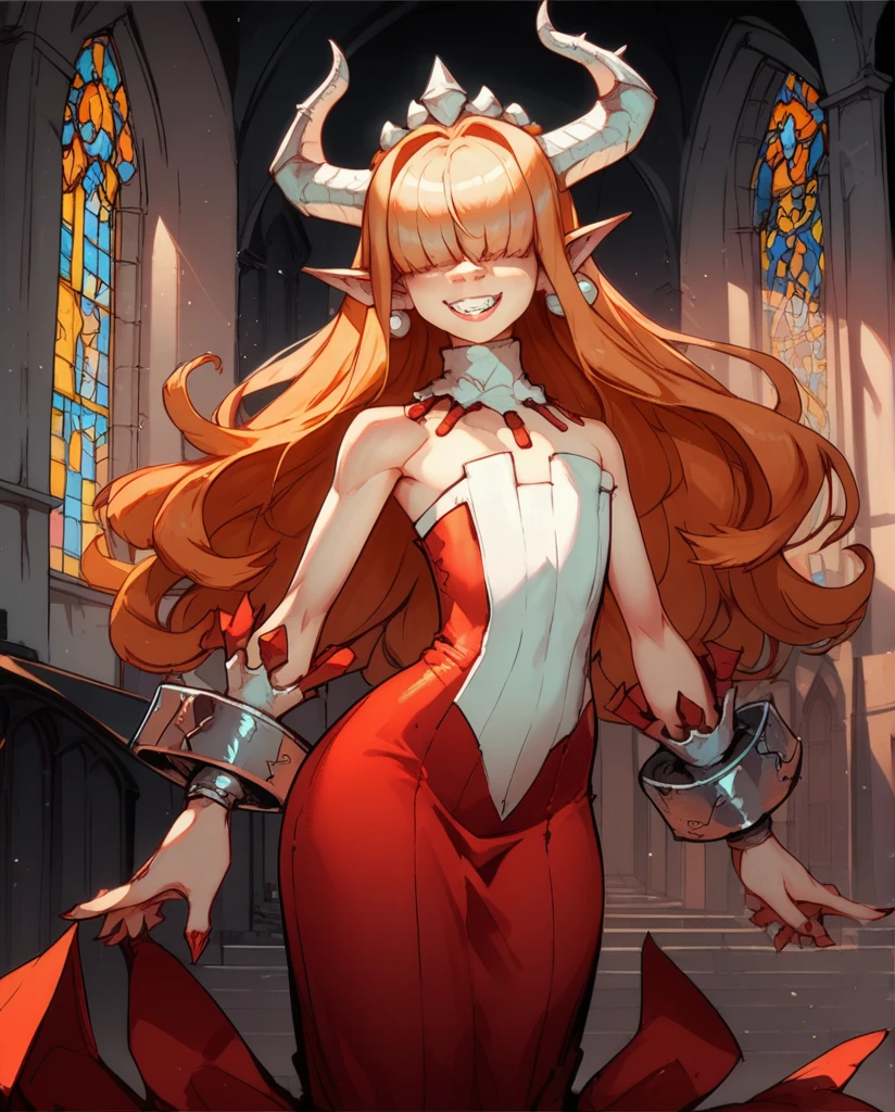 score_9,score_8_up,score_7_up,
Clergyxl,pointy ears,hair over eyes, orange hair flat chest,smile,teeth,long hair,hips,
bare shoulders, pink strapless dress,pearl earrings,wrist cuffs,wristband,neck brace, horns,
church,underworld,