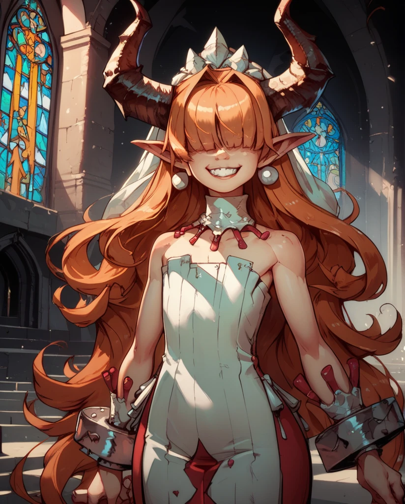 score_9,score_8_up,score_7_up,
Clergyxl,pointy ears,hair over eyes, orange hair flat chest,smile,teeth,long hair,hips,
bare shoulders, pink strapless dress,pearl earrings,wrist cuffs,wristband,neck brace, horns,
church,underworld,