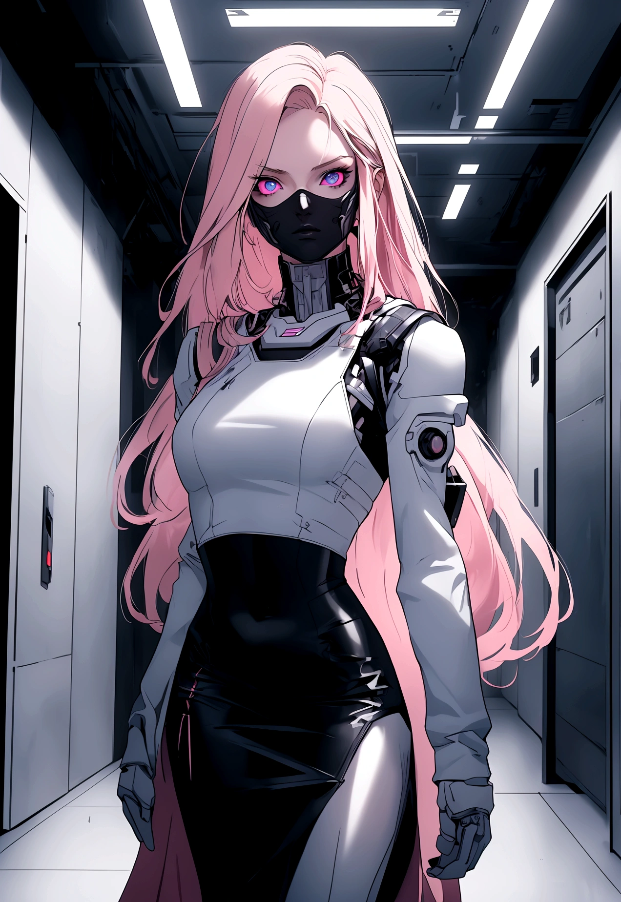 (masterpiece, 32k, 8k, white laboratory corridor setting, character walking towards the viewer) woman, 26 years old, naturally beautiful face, serious and empty expression, long blonde hair with pink highlights, tight black clothes in cyberpunk style, colored eyes different, one blue eye and the other gray eye
