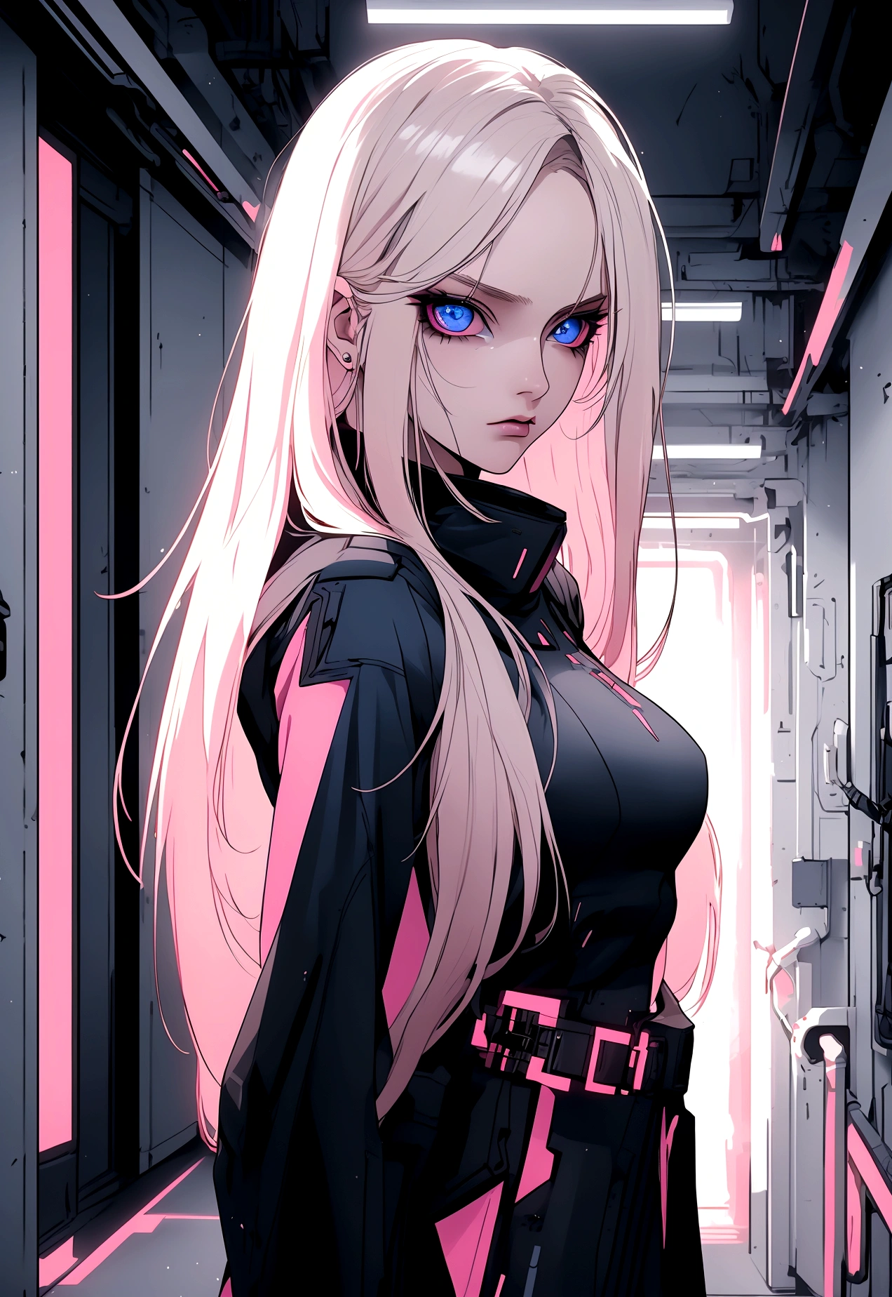 (masterpiece, 32k, 8k, white laboratory corridor setting, character walking towards the viewer) woman, 26 years old, naturally beautiful face, serious and empty expression, long blonde hair with pink highlights, tight black clothes in cyberpunk style, colored eyes different, one blue eye and the other gray eye
