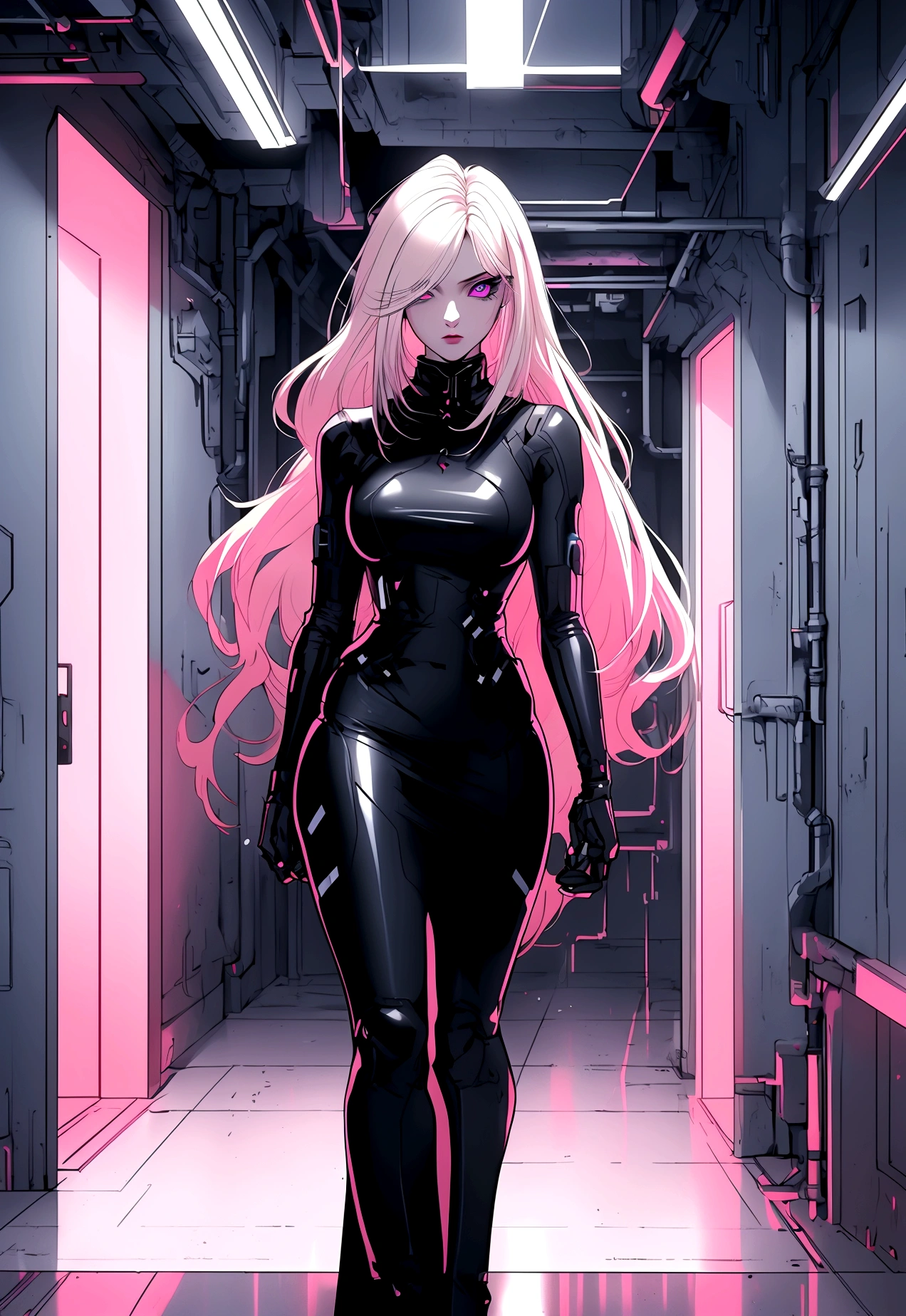 (masterpiece, 32k, 8k, white laboratory corridor setting, character walking towards the viewer) woman, 26 years old, naturally beautiful face, serious and empty expression, long blonde hair with pink highlights, tight black clothes in cyberpunk style, colored eyes different, one blue eye and the other gray eye
