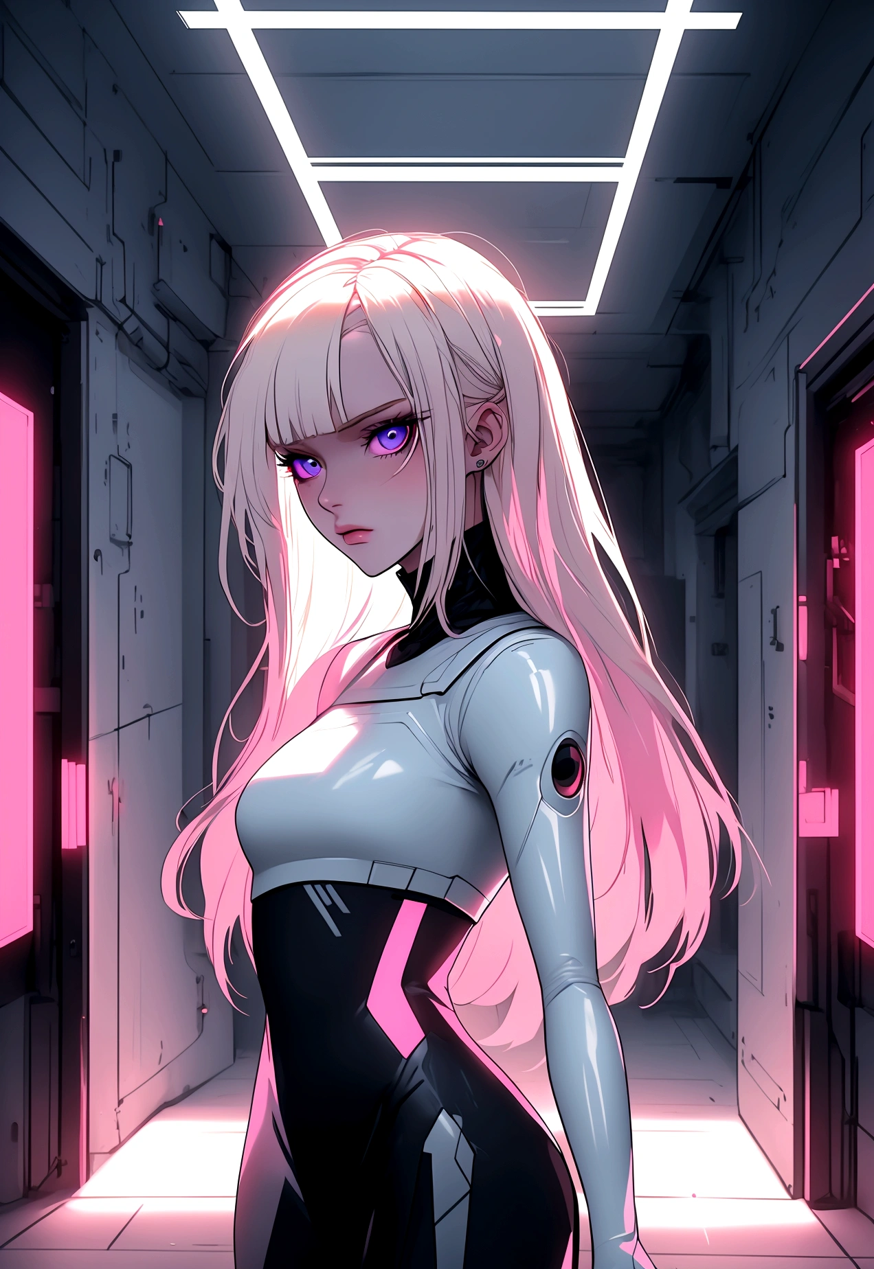 (masterpiece, 32k, 8k, white laboratory corridor setting, character walking towards the viewer) woman, 26 years old, naturally beautiful face, serious and empty expression, long blonde hair with pink highlights, tight black clothes in cyberpunk style, colored eyes different, one blue eye and the other gray eye
