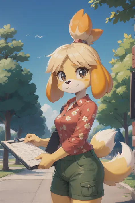 isabelle \(animal crossing\), furry, yellow skin, red floral shirt, cargo shorts, tail, looking at viewer, serious, standing, ou...