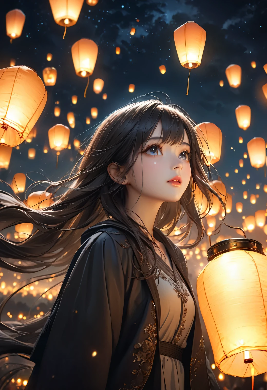 beautiful cute girl looking up at the night sky, sky-lantern festival, Sky-lanterns, a fantastic sight where countless sky-lanterns decorate the night sky, dark moody atmosphere, (highest quality,16k,highres,masterpiece:1.2),ultra-detailed,(ultra-realistic,photorealistic,photo-realistic:1.37),night sky, dark tones, floating sky-lanterns, soft lighting, serene, atmospheric, whimsical, dreamlike, magical realism, long flowing hair, through bangs, Beautiful attention to detail, Beautiful lip detail, Highly detailed face, detailed facial features, long lashes, shining eyes, nijistyle,cute girl,woman