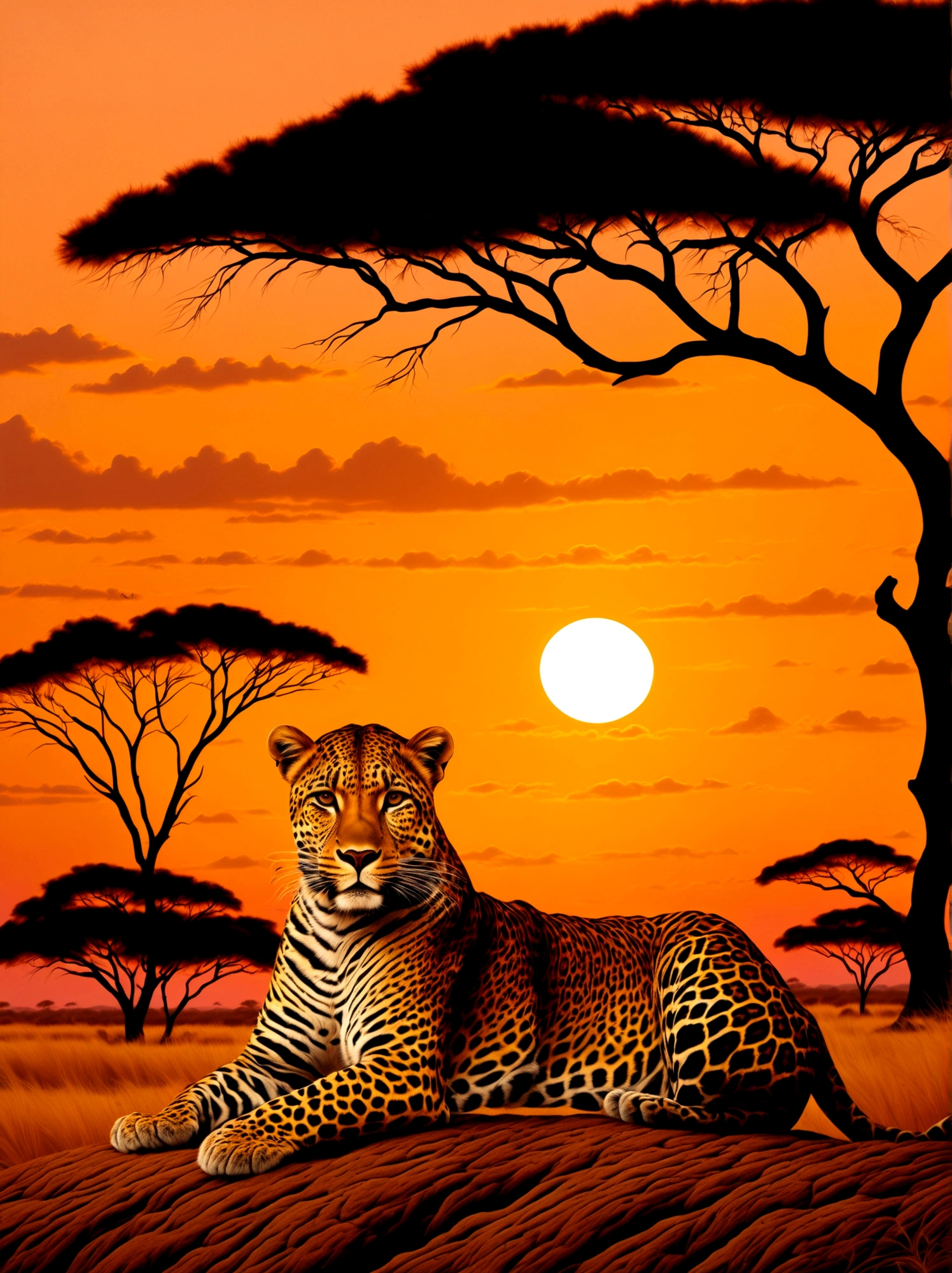 Um leopardo com uma coroa dourada apoiada na cabeça, majestosamente posicionado contra o pano de fundo de um pôr do sol na savana. A coroa brilha levemente sob a luz solar fraca enquanto a criatura observa seus arredores. Tons quentes de laranja e rosa do sol poente cobrem a cena, destacando a vibrante pelagem do leopardo. Silhuetas de acácias podem ser vistas ao longe, pontilhando a vasta paisagem.