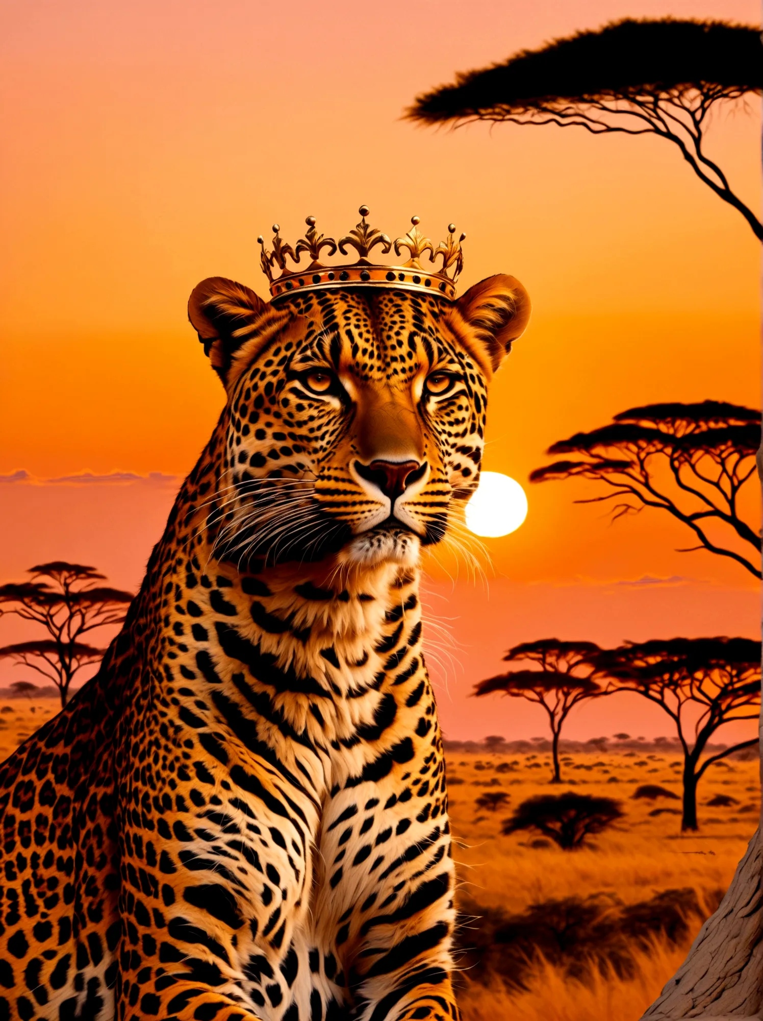 A leopard with a golden crown resting on its head, majestically poised against the backdrop of a sunset in the Savannah. The cro...