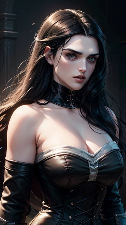 (Cara de Katie McGrath), Generar una ilustración de un joven. (Yennefer de Vengerberg), de brujo 3,  cabello peinado hacia los lados, Corte de pelo en capas, en traje negro, el pelo largo fluye hacia su espalda, el cabello fluye hacia abajo, pelo negro, Ultrarealistic Violet eyes, (pechos grandes y redondos), Conjunto Corset negro en formato anime con un estilo serio, ((vestido negro sin tirantes)), medias blancas, botas negras, maquillaje gótico, obra maestra, ((iluminación oscura)), Fondo negro, labios hinchados,abdominales tonificados y delgados, Hermoso rostro,