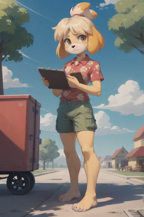 isabelle \(animal crossing\), furry, yellow skin, ((red floral shirt, cargo shorts)), tail, looking at viewer, serious, standing...