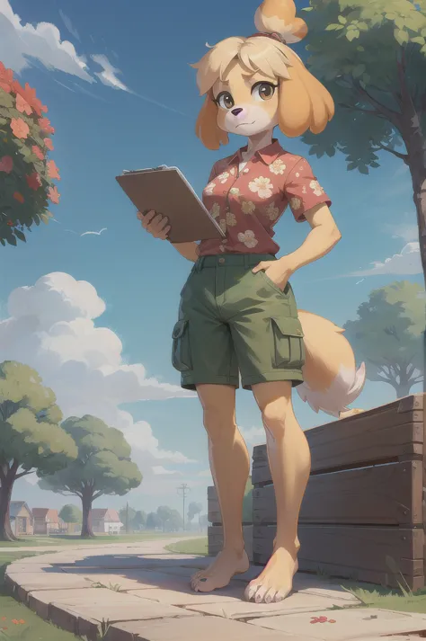 isabelle \(animal crossing\), furry, yellow skin, ((red floral shirt, cargo shorts)), tail, looking at viewer, serious, standing...