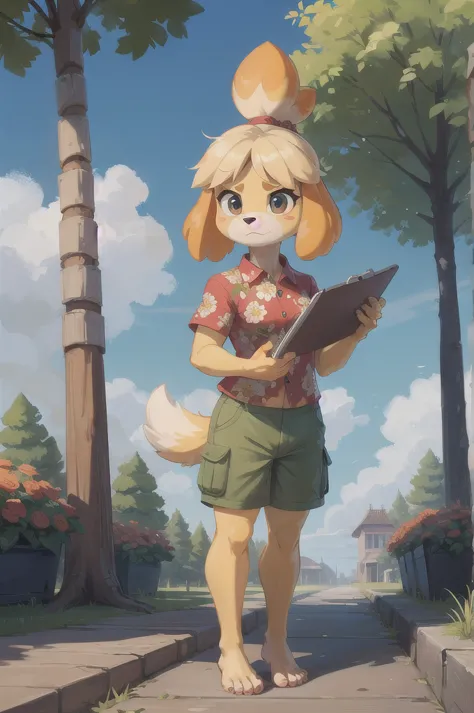 isabelle \(animal crossing\), furry, yellow skin, ((red floral shirt, cargo shorts)), tail, looking at viewer, serious, standing...