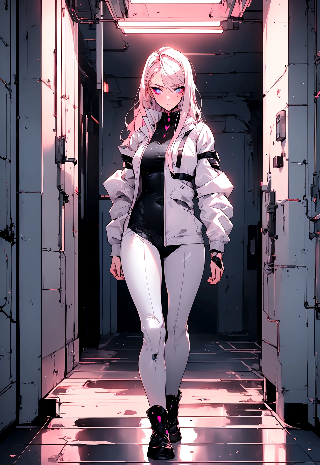 (masterpiece, 32k, 8k, white laboratory corridor setting, character walking towards the viewer) woman, 26 years old, naturally beautiful face, serious and empty expression, long blonde hair with pink highlights, tight black clothes in cyberpunk style, colored eyes different, one blue eye and the other gray eye