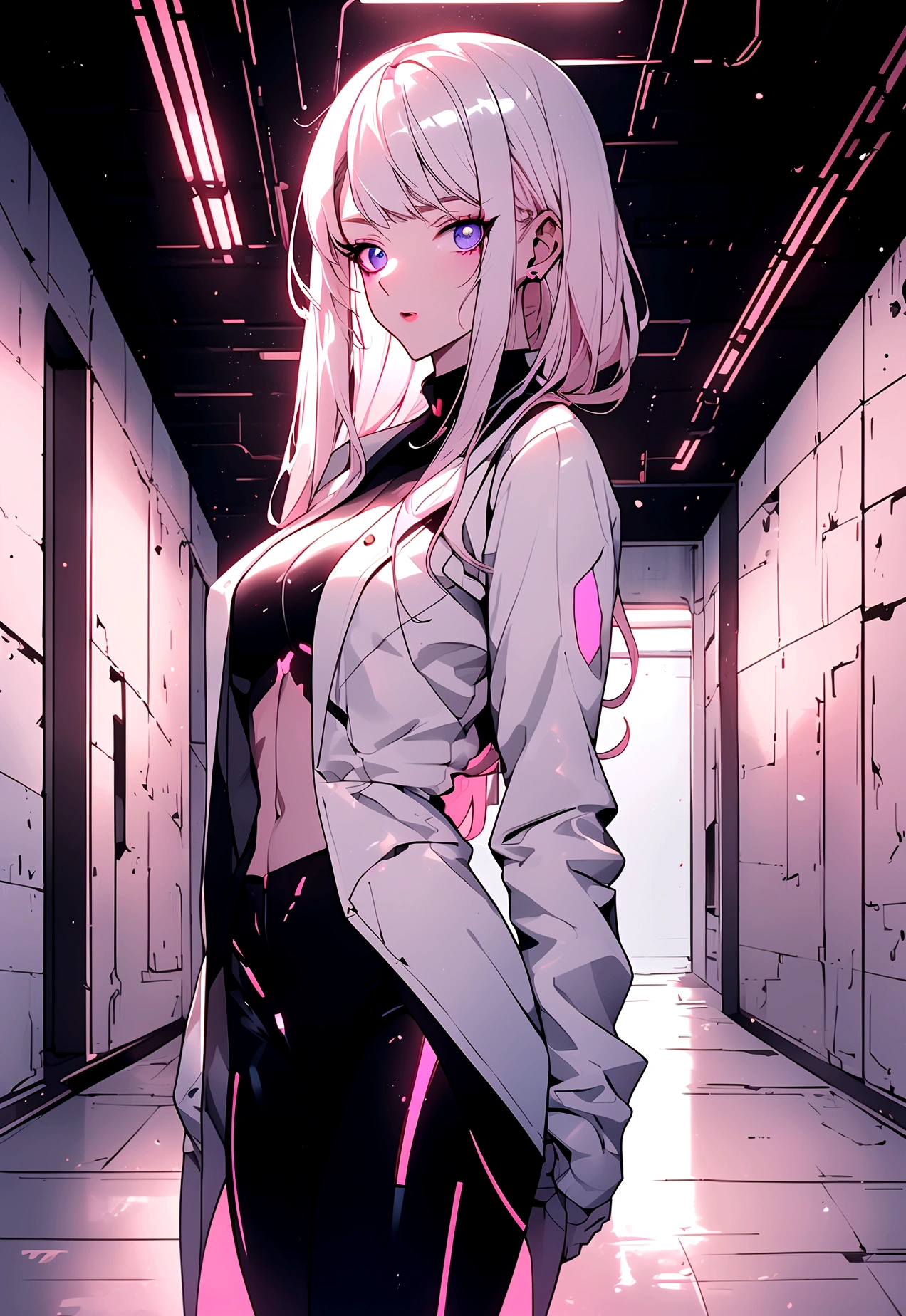 (masterpiece, 32k, 8k, white laboratory corridor setting, character walking towards the viewer) woman, 26 years old, naturally beautiful face, serious and empty expression, long blonde hair with pink highlights, tight black clothes in cyberpunk style, colored eyes different, one blue eye and the other gray eye