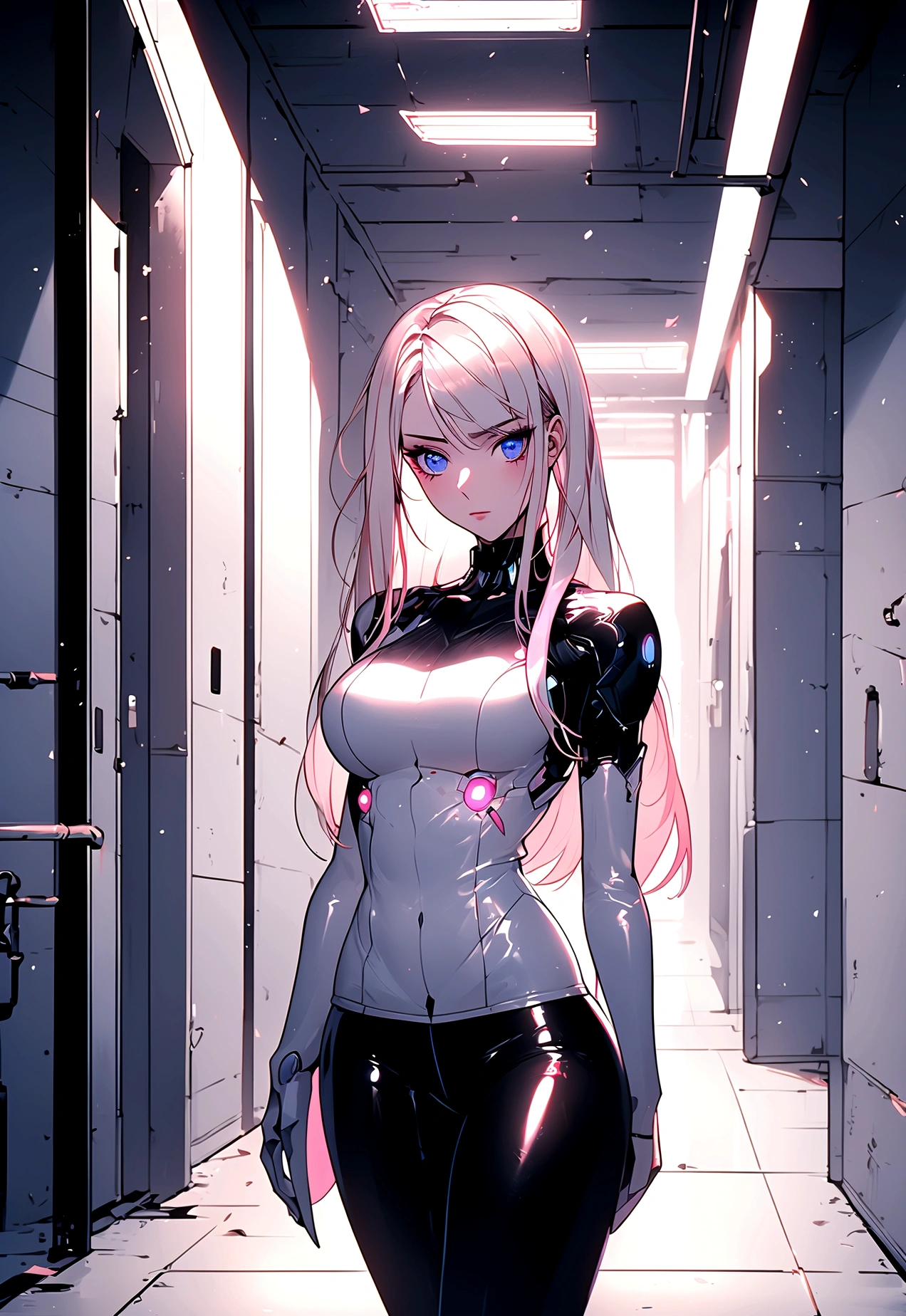 (masterpiece, 32k, 8k, white laboratory corridor setting, character walking towards the viewer) woman, 26 years old, naturally beautiful face, serious and empty expression, long blonde hair with pink highlights, tight black clothes in cyberpunk style, colored eyes different, one blue eye and the other gray eye