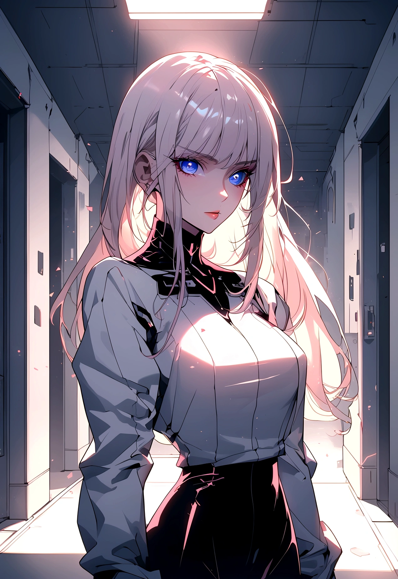 (masterpiece, 32k, 8k, white laboratory corridor setting, character walking towards the viewer) woman, 26 years old, naturally beautiful face, serious and empty expression, long blonde hair with pink highlights, tight black clothes in cyberpunk style, colored eyes different, one blue eye and the other gray eye