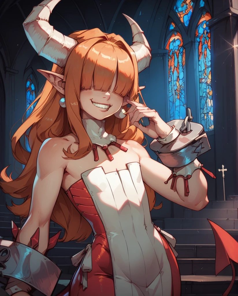 score_9,score_8_up,score_7_up,
Clergyxl,pointy ears,hair over eyes, orange hair flat chest,smile,teeth,long hair,hips,
bare shoulders, light pink strapless dress,pearl earrings,wrist cuffs,wristband,neck brace, horns, corset, church,underworld,