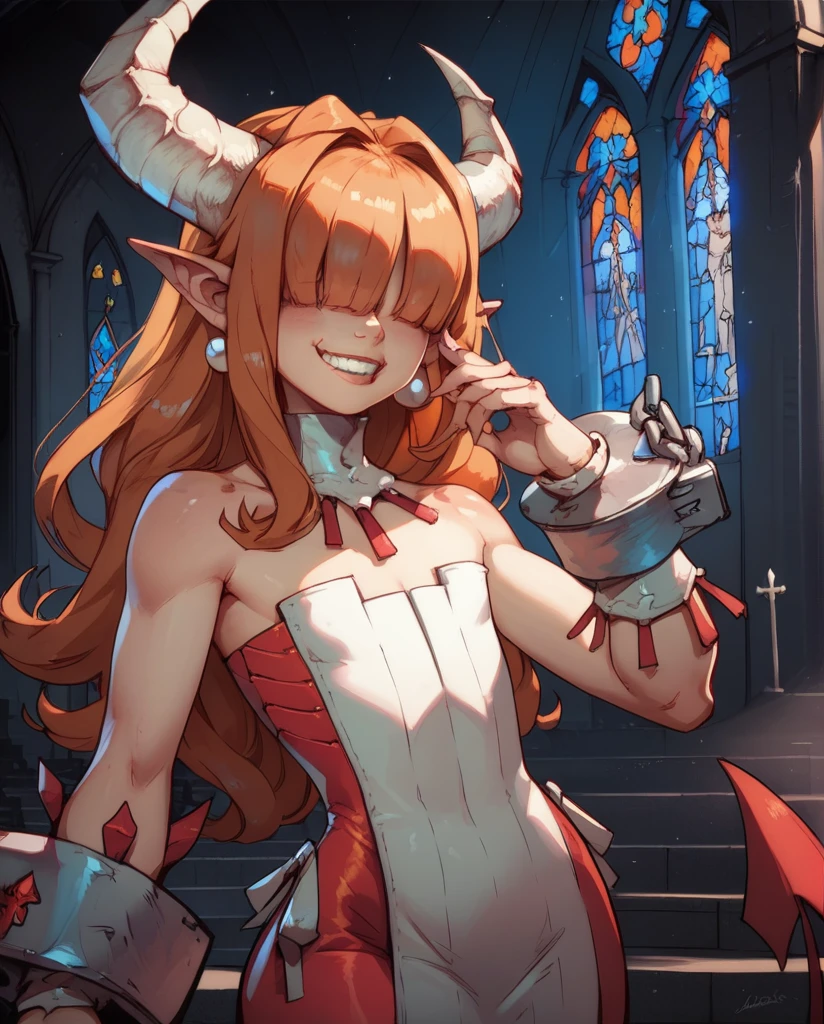 score_9,score_8_up,score_7_up,
Clergyxl,pointy ears,hair over eyes, orange hair flat chest,smile,teeth,long hair,hips,
bare shoulders, light pink strapless dress,pearl earrings,wrist cuffs,wristband,neck brace, horns, corset, church,underworld,