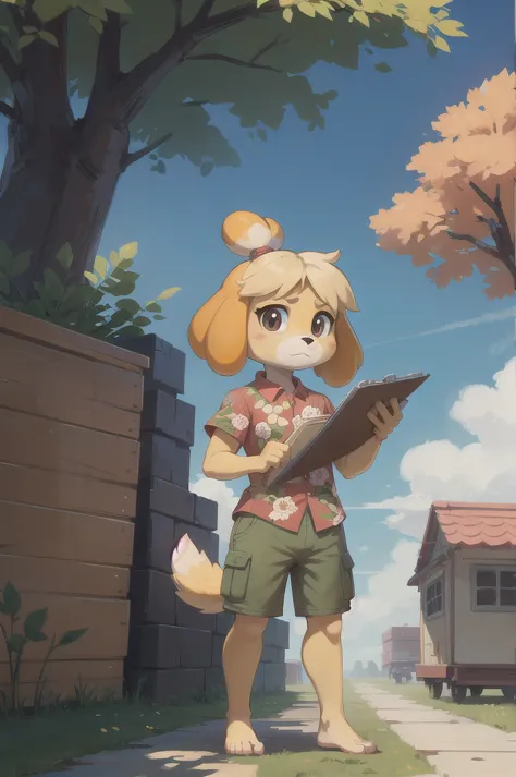 isabelle \(animal crossing\), furry, yellow skin, ((red floral shirt, cargo shorts)), tail, looking at viewer, serious, standing...