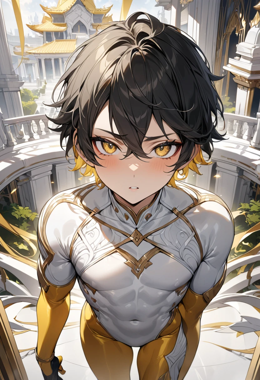 High quality，(Best quality, 4K, A high resolution, Masterpiece:1.2), Super detailed，（1 boy），（（（独奏））），juvenile，male，（Male juvenile）, Handsome and cute boy, black hair ,((yellow inner hair)),((Gold tights with white pattern))，bodysuit，short hair,Golden Eyes，dark skin，single photo,the white temple of light,magnificent palace background，