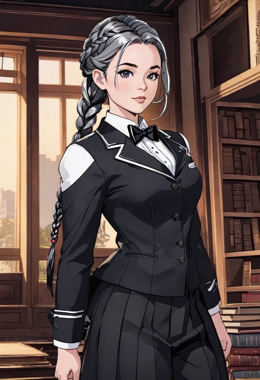 solo,Masculine, looking at viewer, shirt, black hair, long sleeves, 1boy, bow, holding, jacket, white shirt, upper body, braid, gray hair, male focus, bowtie, black jacket, book, single braid, black bow,