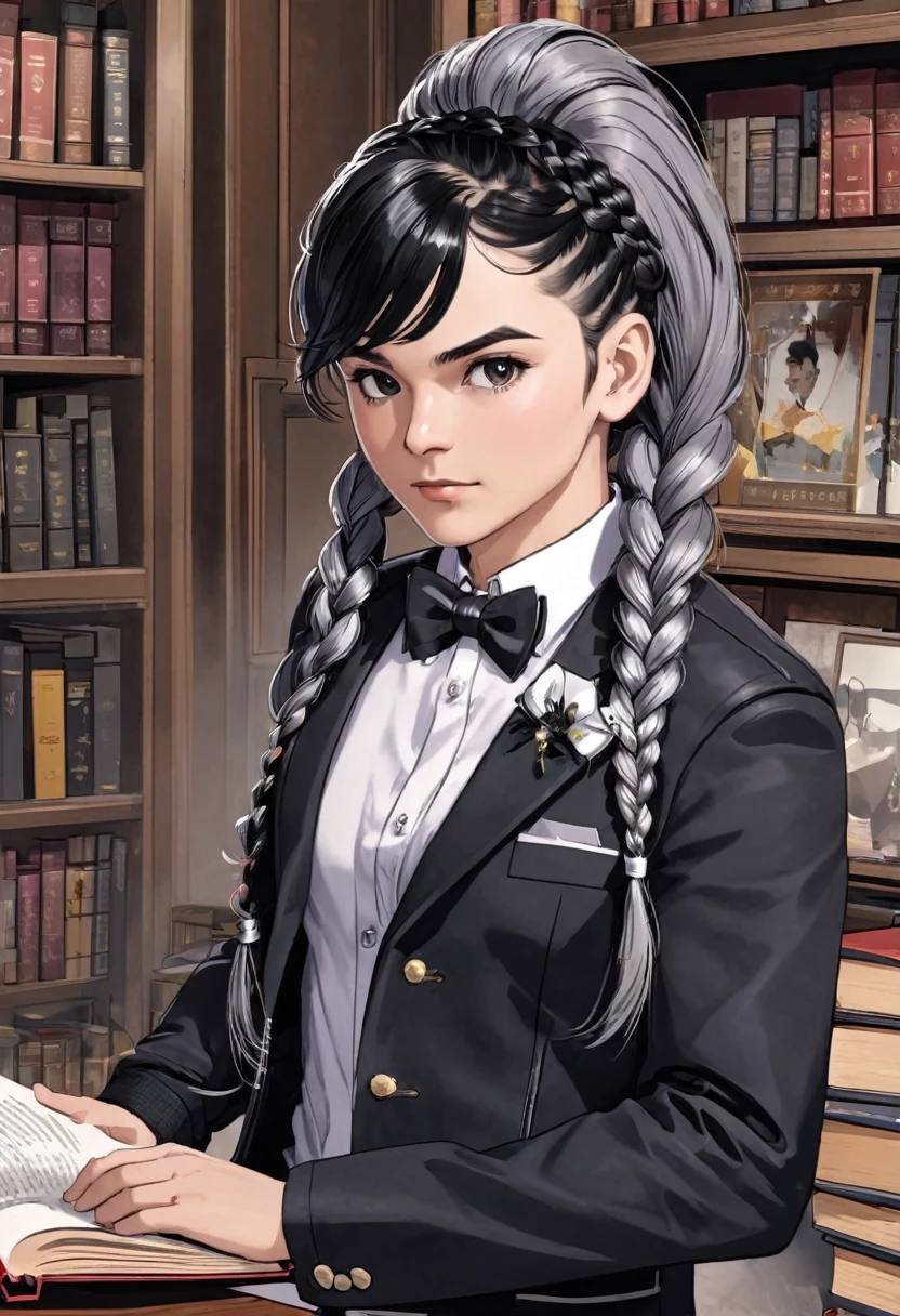 solo,Masculine, looking at viewer, shirt, black hair, long sleeves, 1boy, bow, holding, jacket, white shirt, upper body, braid, gray hair, male focus, bowtie, black jacket, book, single braid, black bow,