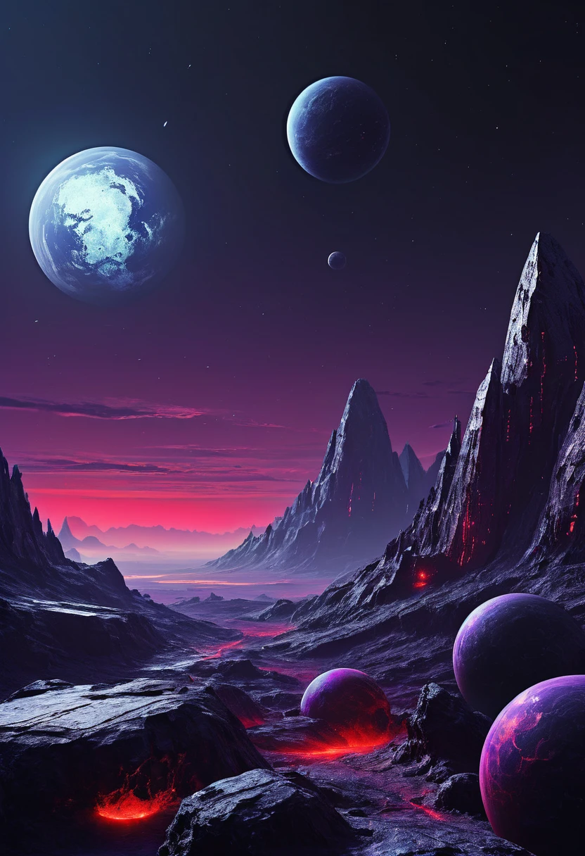 create a vision of two dark purple rocky planets superimposed in dark nighttime outer space seen from the surface of a mountainous PLANET with polished metallic tile surface in black and red cyberpunk style at night in the distance, it has a wide and tall building like a dark gray research station with lit windows,  space is dark and you can only see one side of the planets through the dense atmosphere, total dark, dark horizon, penumbra, as realistic as possible, the sun is out of the picture