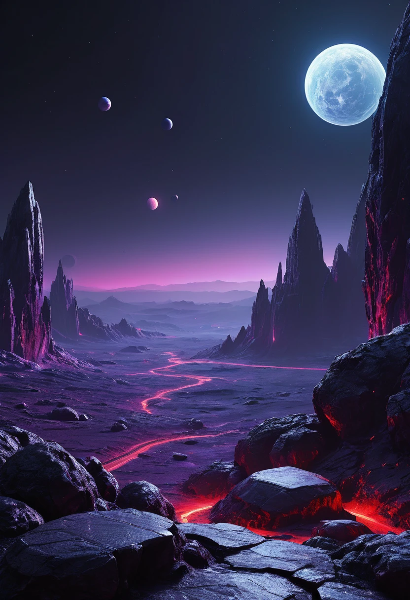 créer une vision de deux planètes rocheuses violet foncé superposées dans l&#39;espace nocturne sombre, vues depuis la surface d&#39;une PLANÈTE montagneuse avec une surface de carreaux métalliques polis dans un style cyberpunk noir et rouge la nuit au loin, il a un bâtiment large et haut comme une station de recherche gris foncé avec des fenêtres éclairées,  l&#39;espace est sombre et vous ne pouvez voir qu&#39;un seul côté des planètes à travers l&#39;atmosphère dense, obscurité totale, horizon sombre, pénombre, aussi réaliste que possible, le soleil est hors de propos