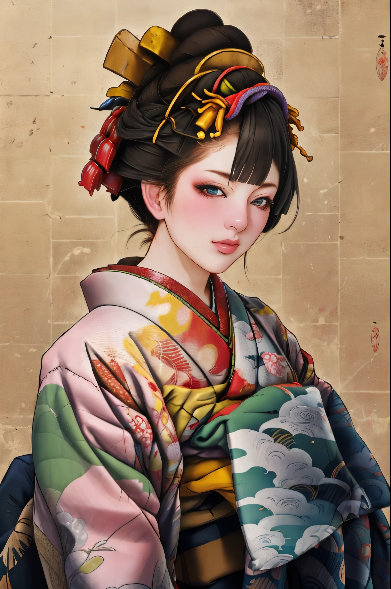 1 Girl, alone, Oiran, Maiko, country, Looking at the audience, short hair, Brown eyes, Brown Hair, Black Hair, hair ornaments, Upper Body, kimono, Blunt bangs, kimono, sash, Compensate, Bob cut hair,