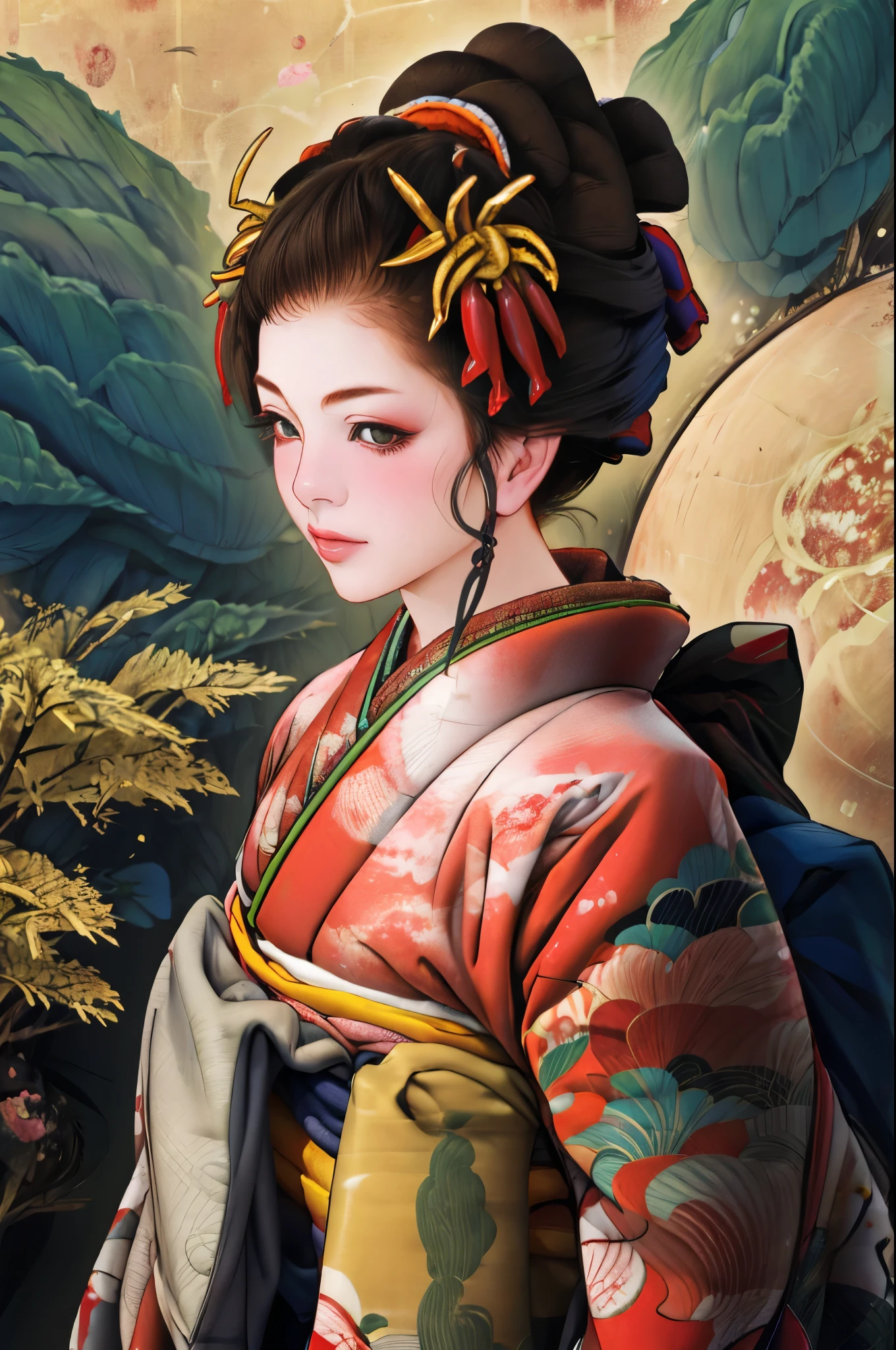 1 fille, seul, Oïran, des pays, pays, En regardant le public, Cheveux courts, yeux marrons, cheveux bruns, cheveux noirs, ornements de cheveux, Haut du corps, kimono, frange émoussée, kimono, ceinture, compenser, coupe de cheveux au carré,