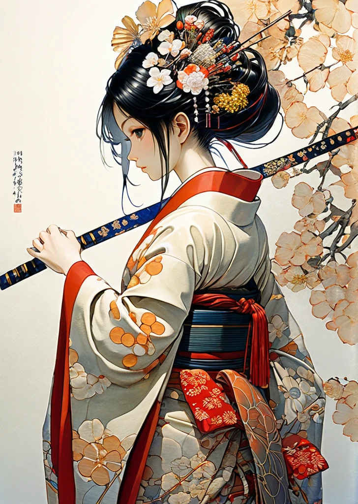 1  menina
braços mecânicos
geisha
quimono
(arte de Yoshitaka Amano )