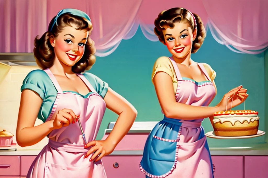 Une pin-up brune sort un gâteau du four, vêtue d'un tablier de style pin-up, avec un beau sourire, dans une belle boulangerie, éclairée d'une lumière vive et de couleurs pastel.