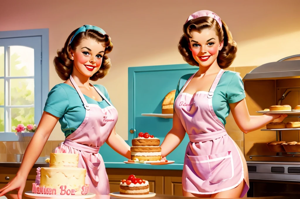 Une pin-up brune sort un gâteau du four, vêtue d'un tablier de style pin-up, avec un beau sourire, dans une belle boulangerie, éclairée d'une lumière vive et de couleurs pastel.